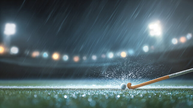 Field Hockey Stick and Ball in Rainy Match