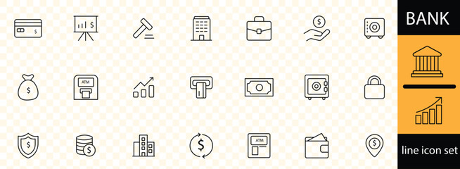 bank line icon set . Finance and money linear icon collection. Containing payment, deposit, wallet , online banking, loan, ATM, investment, exchange. Editable stroke