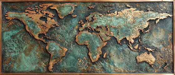 World map design on weathered copper with patina texture