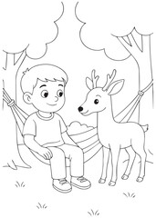 coloring book boy sitting on hammock with deer