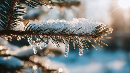 Frosted Pine Branch with Icicles and Sparkling Sunlight on a Cold Winter Day in Nature
