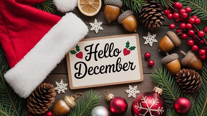 Hello december text with christmas decorations and pine cones