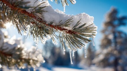 Glimmering Ice Crystals on Evergreen Pine Branch Surrounded by Snowy Winter Landscape Under Bright Blue Sky