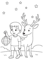 coloring book boy holding lantern beside deer at night