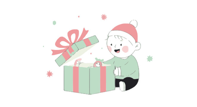 Illustrated child wearing a festive hat, filled with wonder and surprise as they open a glowing holiday gift box on a white background