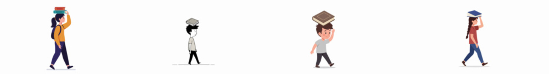 Four illustrated characters walking and balancing books on their heads, symbolizing education, learning, and study discipline.