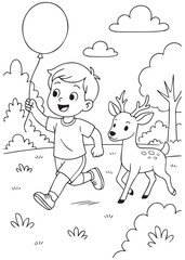 coloring book boy running with balloon followed by deer