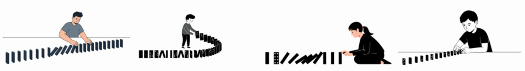 Collection of illustrations showing people setting up, starting, and managing the domino effect, symbolizing chain reaction, risk, and strategy.