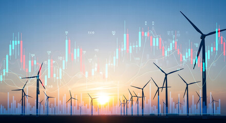 Wind turbines at sunset with stock market chart overlay, representing renewable energy investment growth