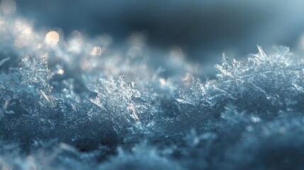 Close-Up of Intricate Snowflakes on a Cold Surface with a Soft Frosty Background