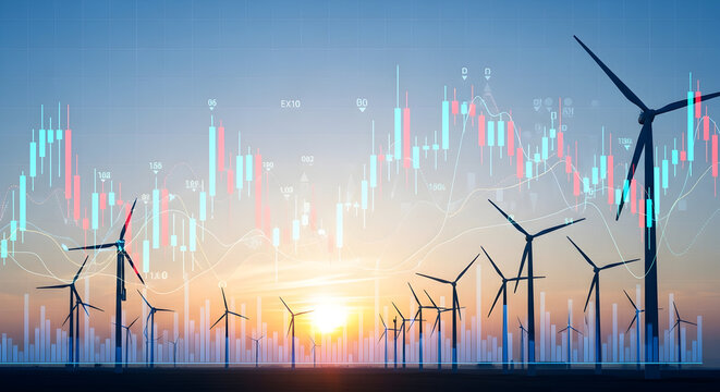 Wind turbines at sunset with stock market chart overlay, representing renewable energy investment growth - Powered by Adobe
