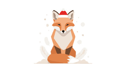 Fototapeta premium A charming illustration of a red fox wearing a Santa Claus hat, sitting peacefully in the snow during the winter holiday season