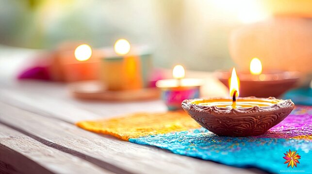 A close-up shot of a lit clay diya on a vibrant, colorful fabric, with other blurred diyas and warm light in the background.