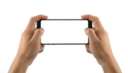 Holding a blank modern smartphone horizontally in hand for app promotion use