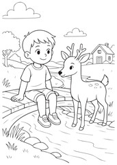 coloring book boy sitting on bridge talking to deer