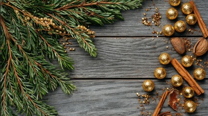 Festive Arrangement of Pine Needles, Cinnamon Sticks, and Golden Ornaments on Rustic Wooden Surface