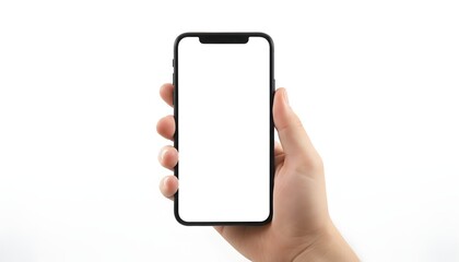 Hand holding modern smartphone with blank white screen for mockup creation and app display