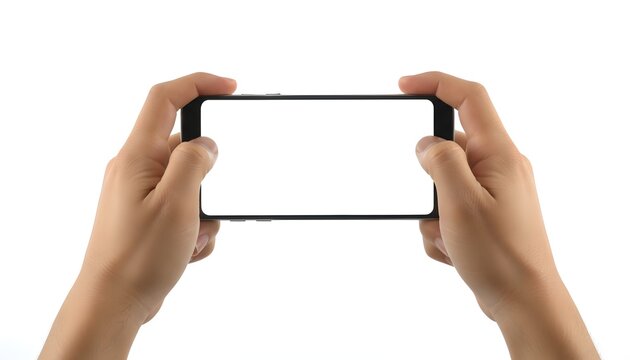 Holding a blank modern smartphone horizontally in hand for app promotion use