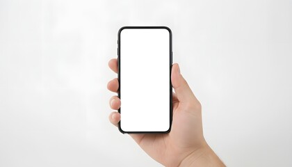 Hand holding modern smartphone with blank white screen ready for your content