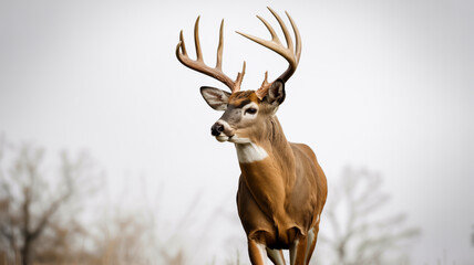 A high-quality photograph of a majestic white-tailed buck deer standing against a pure white background.