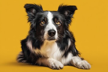 Fototapeta premium Striking border collie dog lying on a vibrant yellow background, showcasing its expressive eyes and elegant fur coat while exuding a calm demeanor and alert posture