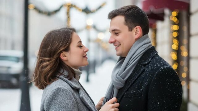 Happy couple in winter coats smiling on snowy decorated street