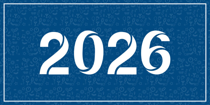 2026 New Year typography design in blue and white, modern bold text layout with hanging Christmas ornaments, minimalist holiday greeting concept, winter festive graphic on white background.