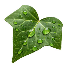 Closeup of a vibrant green ivy leaf adorned with glistening water droplets, isolated on transparent background, showcasing natures beauty and freshness
