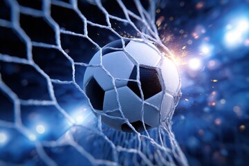 Soccer ball flies into the goal with perfect spin during an exciting match at the stadium under the evening lights