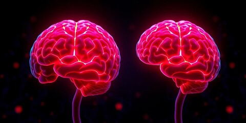 Glowing red brain areas highlight neurological activity against a dark, glowing background,  intense,   glowing brain