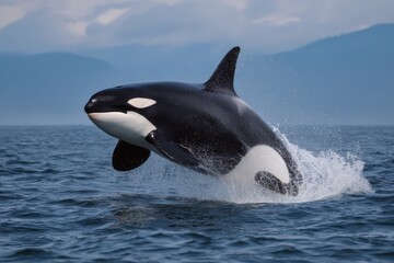 Fototapeta premium Majestic orca breaching and flipping onto its back in the clear blue waters with mountains in the background during a sunny day