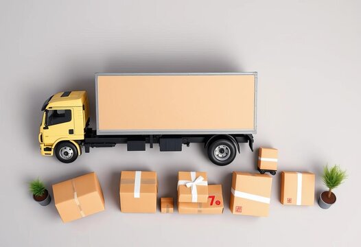 Flat lay of cardboard boxes, delivery truck, and packages on a neutral background,  lorry,  boxes