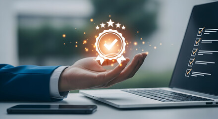 Hand presents a quality assurance guarantee badge with stars and check mark over a laptop screen