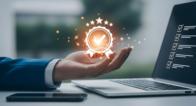 Hand presents a quality assurance guarantee badge with stars and check mark over a laptop screen