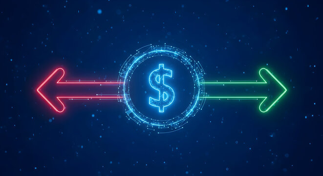 Digital money transfer concept with dollar sign and arrows in neon style on blue background