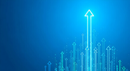Rising arrow pointing upwards on blue background symbolizing growth and success in business