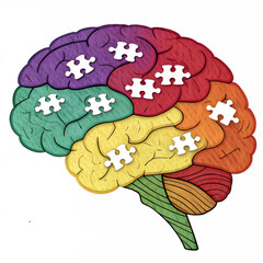 Colorful conceptual brain illustration with puzzle pieces symbolizing problem solving and mental connection