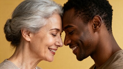 Elderly couple touching foreheads