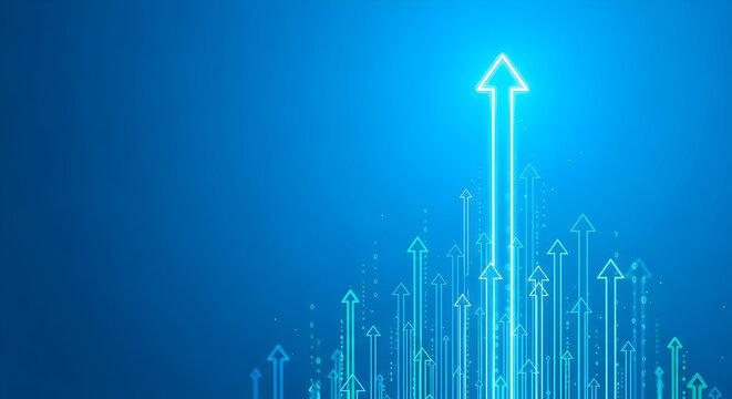 Rising arrow pointing upwards on blue background symbolizing growth and success in business