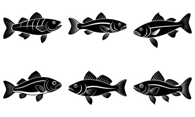 Captivating collection of six distinct fish silhouettes, perfect for culinary, aquatic, or design projects needing a touch of nature's bounty.