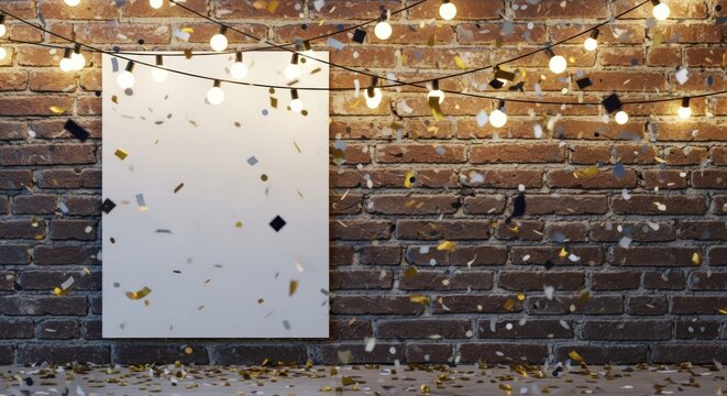 Blank poster on brick wall with lights and falling confetti