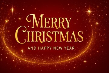 Elegant Merry Christmas lettering design featuring a golden glitter wave and sparkling light effects on a rich red background.