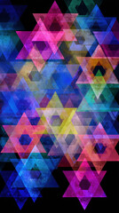 Colorful overlapping stars of david in abstract geometric composition with watercolor texture, vibrant artistic background symbolizing culture, faith and celebration