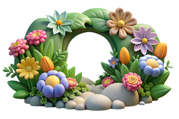 Decorative 3D botanical arch of fantasy flowers and foliage surrounded by rocks ideal for kids illustrations or web design
