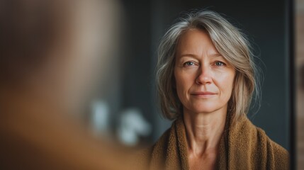 Calm mature woman standing near the mirror at home, reflecting natural beauty and confidence. Concept of self-care, aging gracefully, and mindfulness