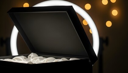 Open jewelry box with shining ring and festive lights