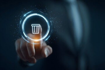 A finger touches a digital delete icon inside a glowing circle.