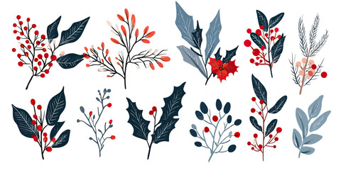 Christmas holly leaves red berries winter foliage festive botanical elements seamless set vector illustration flat minimalist style holiday decoration