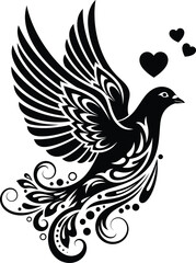 Obraz premium Download black and white dove bird flying with hearts vector illustration eps silhouette