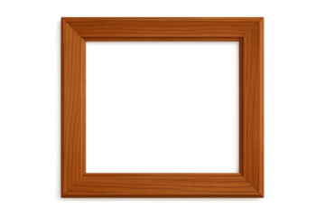 Wooden picture frame with a natural brown finish. Square border offering copy space for various content, isolated on a transparent background